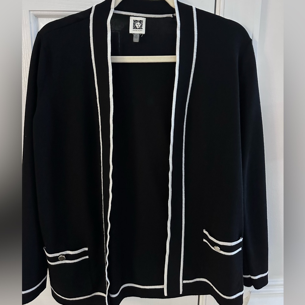 Anne Klein Black Cream Stripes Open Cardigan Pockets XS